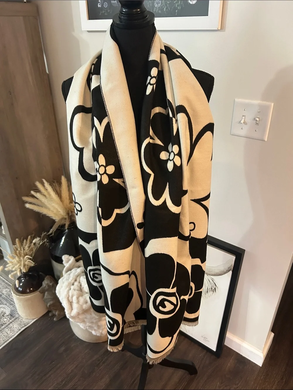 Black & Cream Floral Knit Scarf - Women Accessories